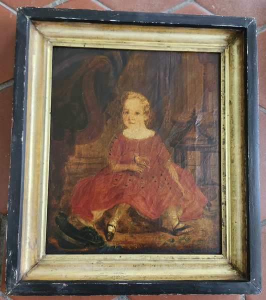 Dear Antique Folk Art Oil on Board of Child w/Bird